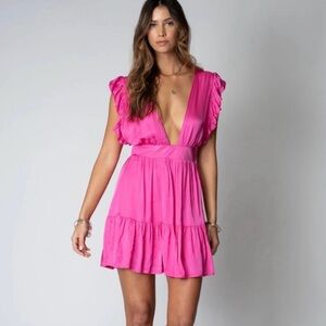 New Stillwater Pink Deep V Ruffle Sleeve Mini Dress Small